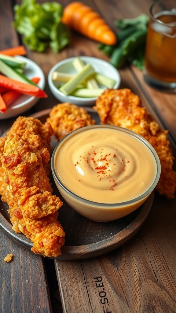 A small bowl of Gold Fever Sauce with chicken tenders for dipping on a wooden table.